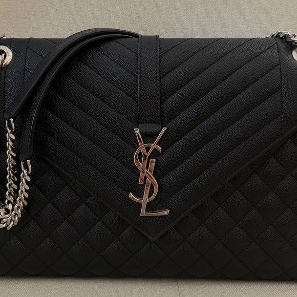 Saint Laurent Handbags - Saint Laurent Black Quilted Chevron Shoulder Bag with Silver YSL